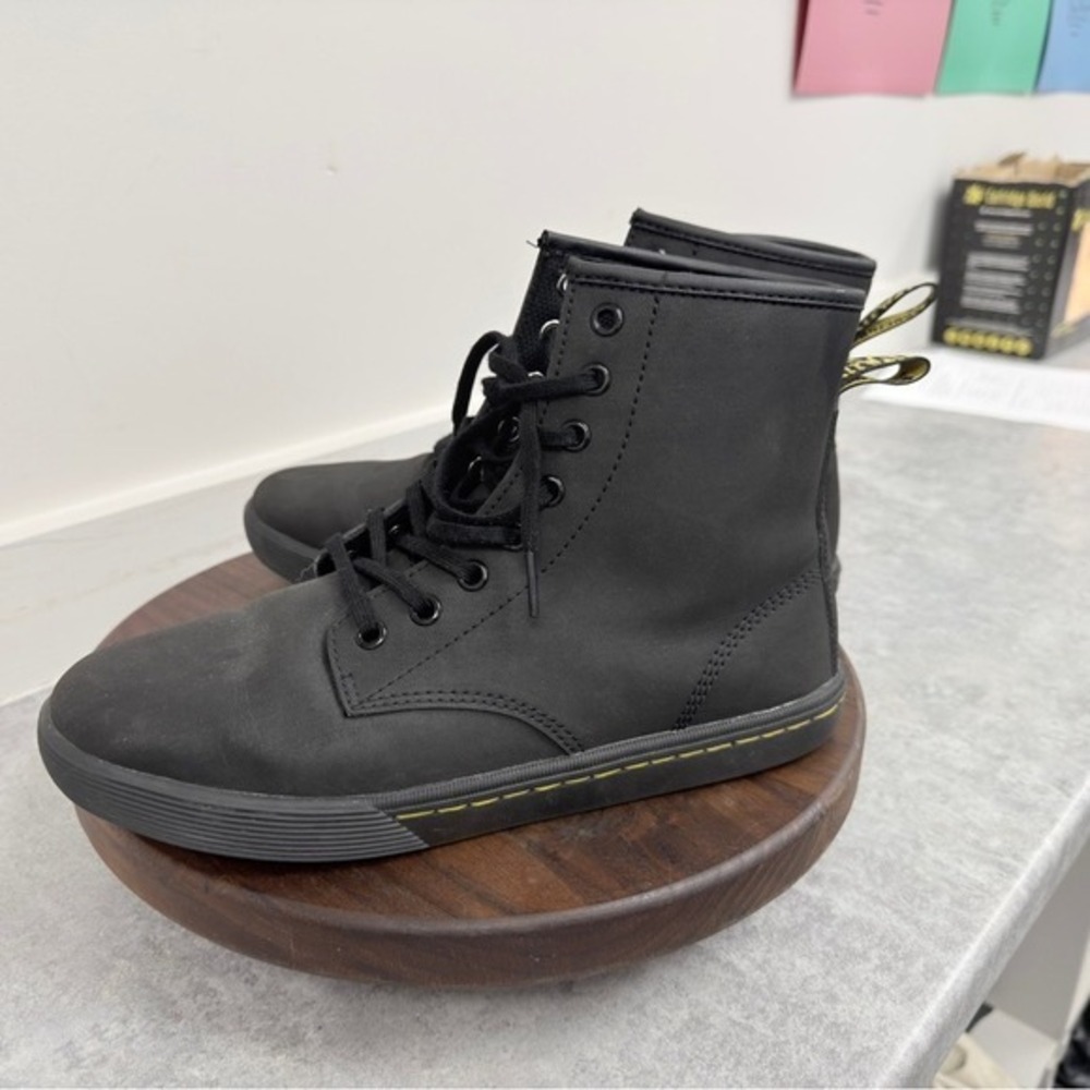 Dr. Martens Sheridans / Black High-Top Lace Sneakers with Yellow Stitching - Picture 4 of 16